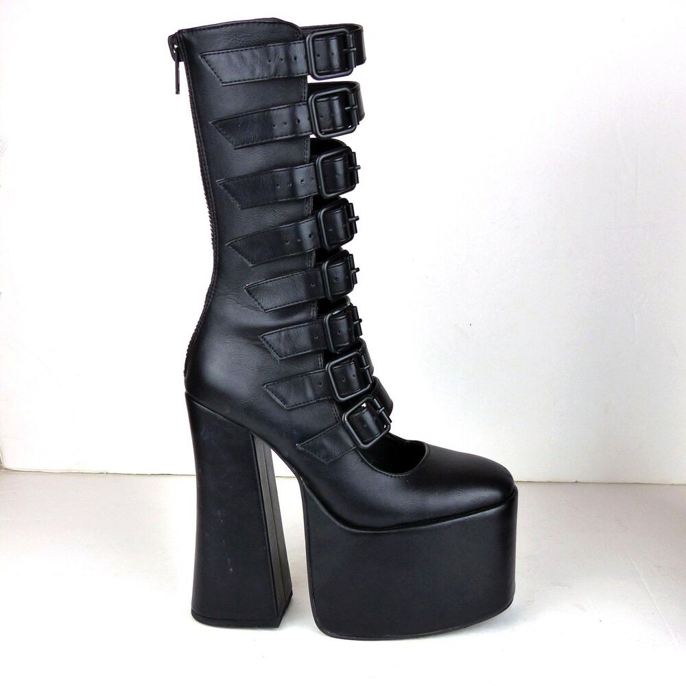 Widow Strappy Buckle Boots 6M Black Vegan Leather Gone Haywire Platform Gothic - Picture 3 of 16